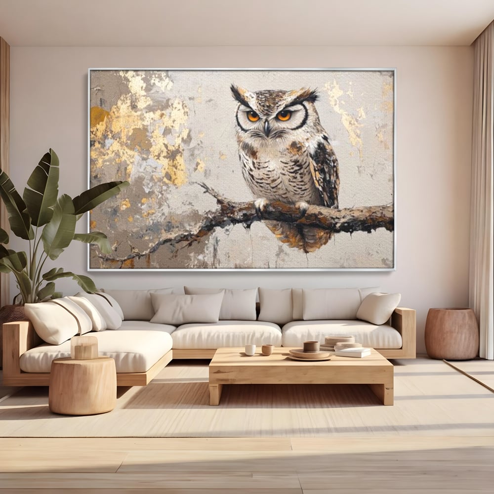 Tablou canvas cu tablou canvas cu bufnita pe ramura, in rama de aluminiu argintiu, pe perete intr-un living